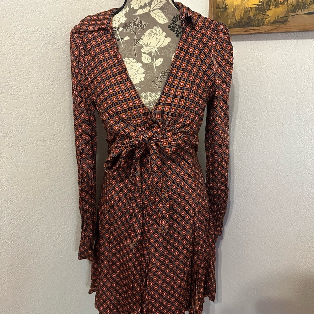 Free People It Takes Two Sleeve Mini Dress in Night Combo - Brown & Red- Sz Sm - Picture 6 of 7